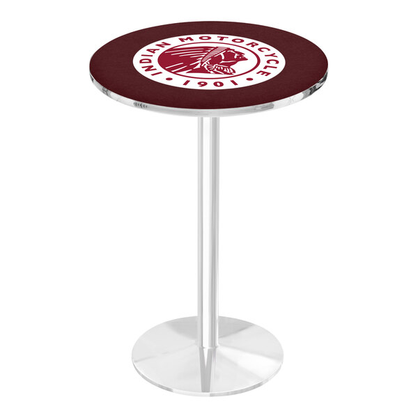 A round counter height pub table with a chrome base and an Indian Motorcycle logo on the tabletop.