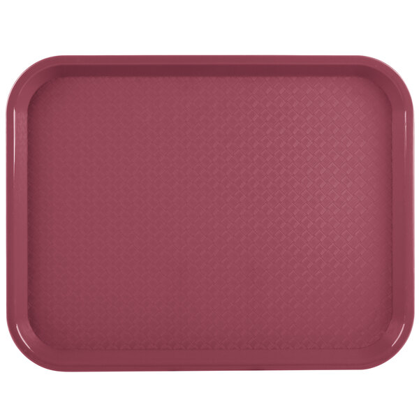 A burgundy plastic tray with a square pattern.