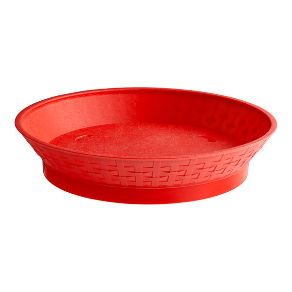 A red plastic diner platter with a base.