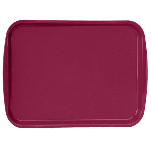 A red rectangular Vollrath fast food tray with built-in handles.