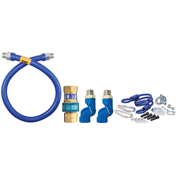 A blue Dormont gas connector hose kit with fittings.