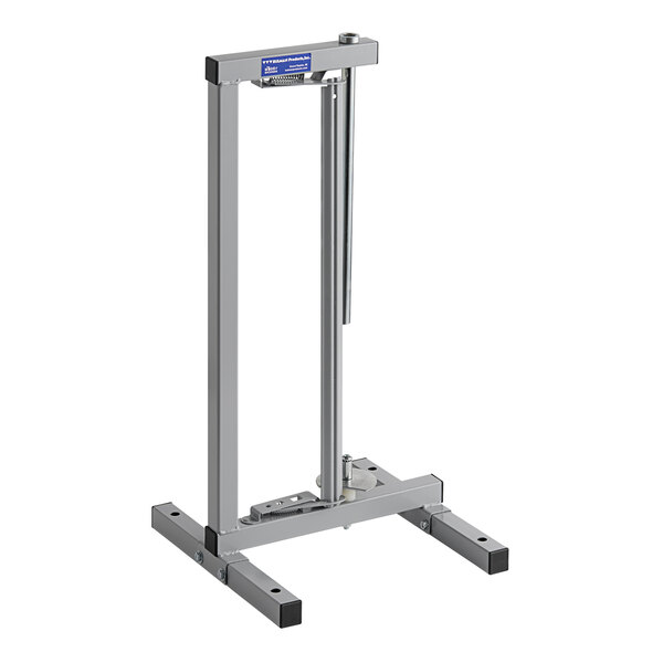 A silver metal Bulman paper rack stand with black legs and a metal pole.