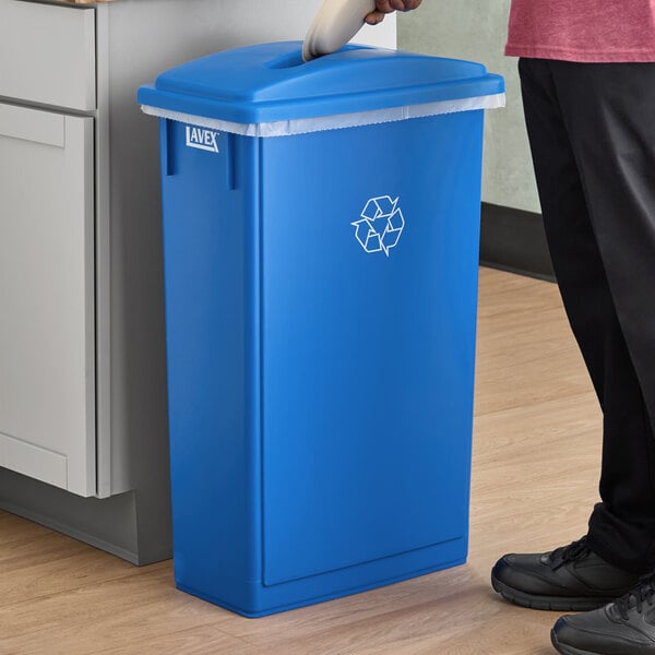 A blue rectangular recycling bin with a slotted lid, designed for slim spaces.