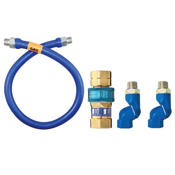 A blue flexible hose with two blue and gold fittings and a yellow label.