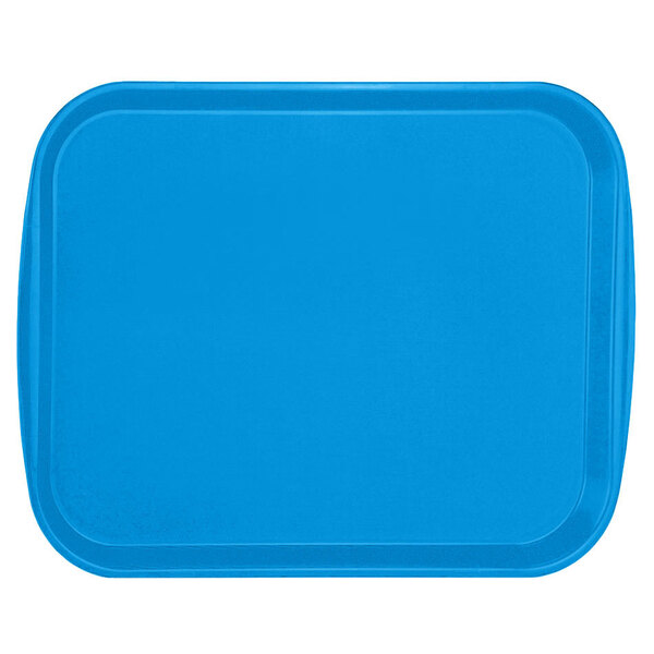 A blue rectangular Vollrath plastic fast food tray with built-in handles.