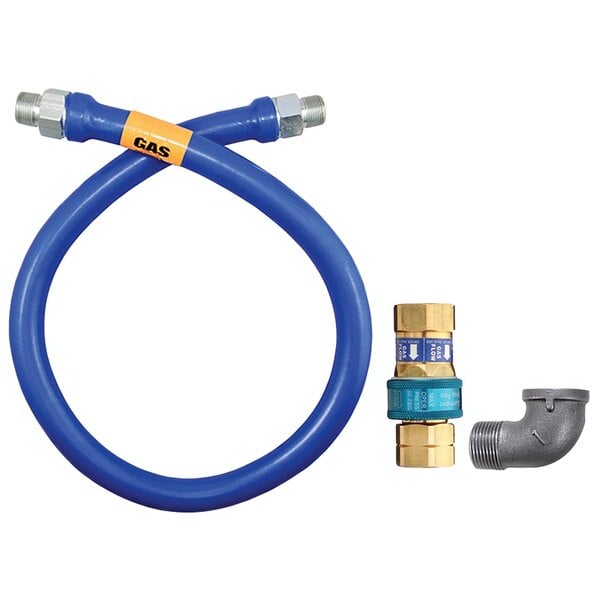 A blue flexible hose with a couple of fittings including a gold elbow.