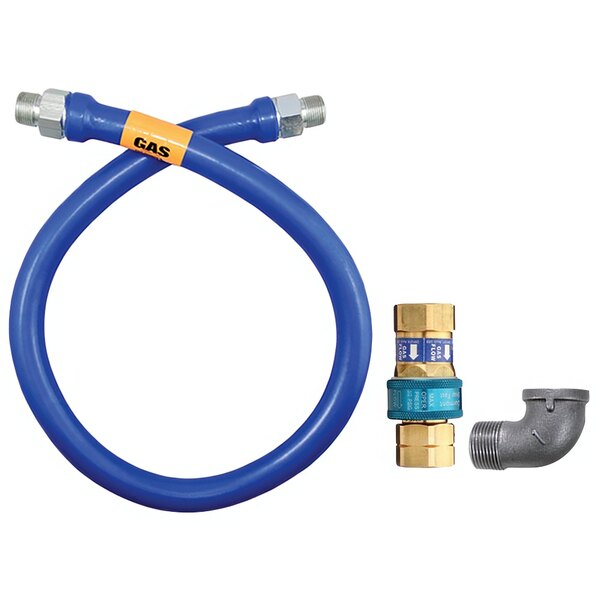 A blue flexible hose with a couple of pipe fittings and a yellow label.