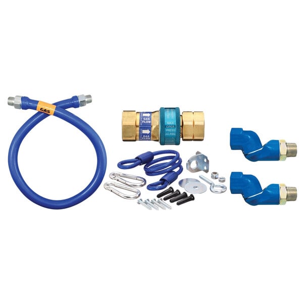 A blue Dormont gas hose kit with a restraining cable.