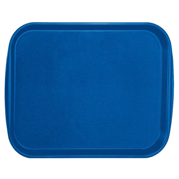 A royal blue Vollrath plastic tray with incorporated handles.