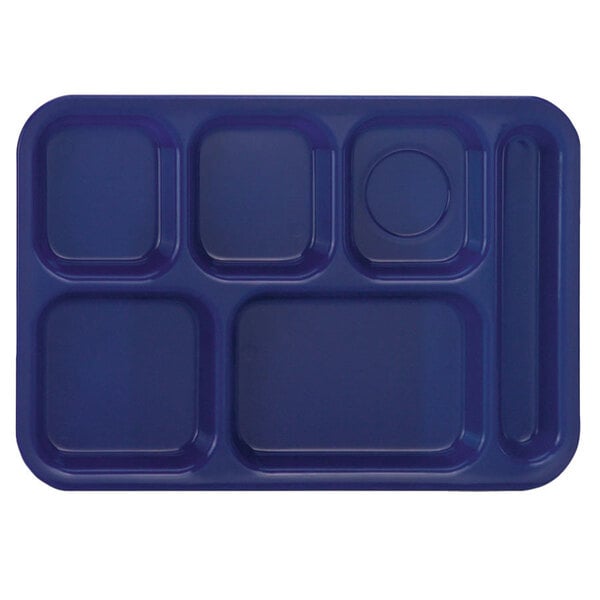 A blue rectangular Vollrath tray with six compartments.