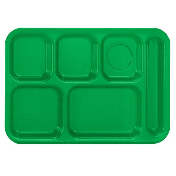 A bright green rectangular tray with six compartments.