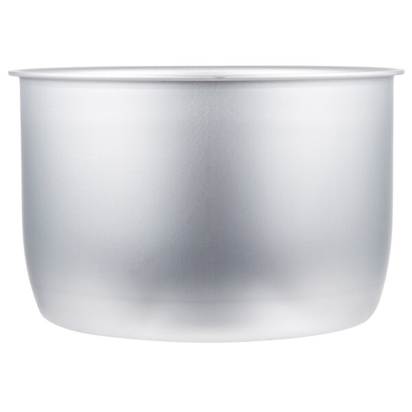 A close-up of a silver metal Town rice cooker pot.
