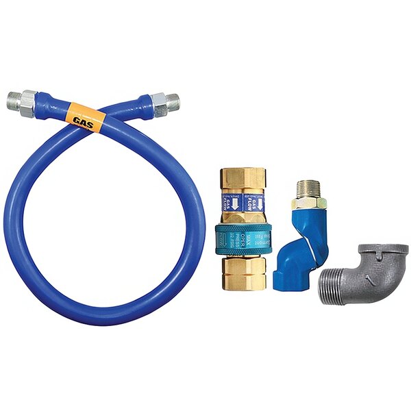A blue hose and pipe with blue and gold fittings.