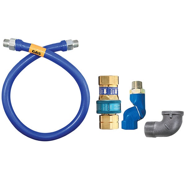 A blue Dormont gas hose with blue and gold fittings.