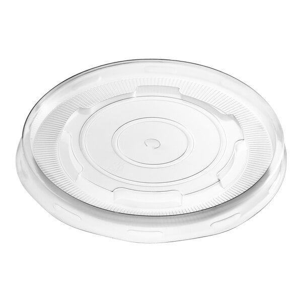 A clear plastic lid with a white rim on a white background.