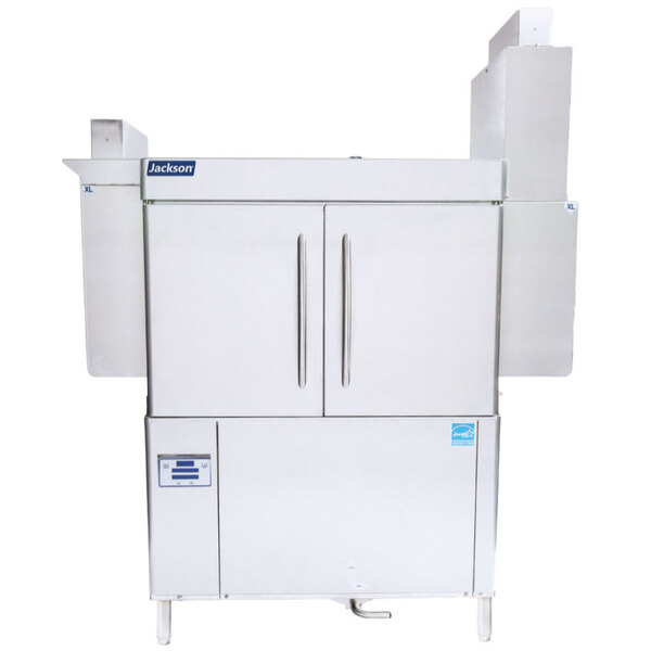 A white Jackson RackStar conveyor dishwasher with a black and blue logo.