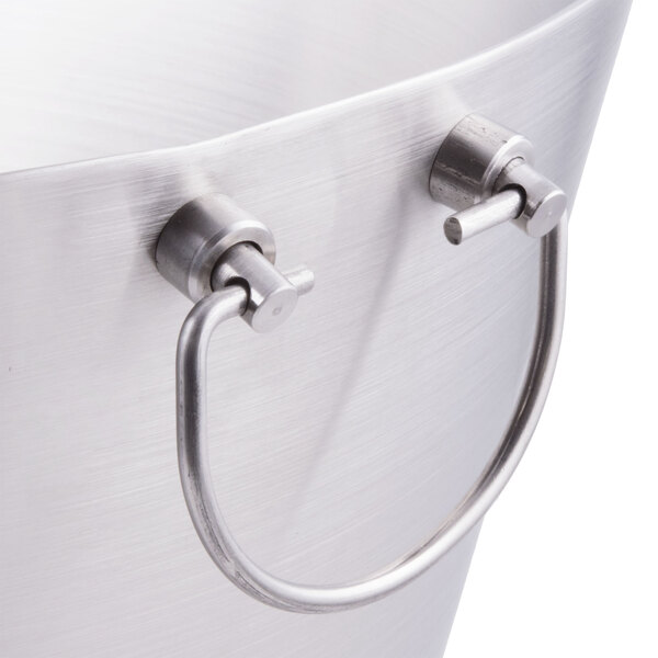 A Tablecraft brushed stainless steel beverage tub with black stand and metal handle.