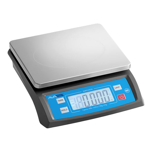 An AvaWeigh digital portion control scale with a white base and blue top display.