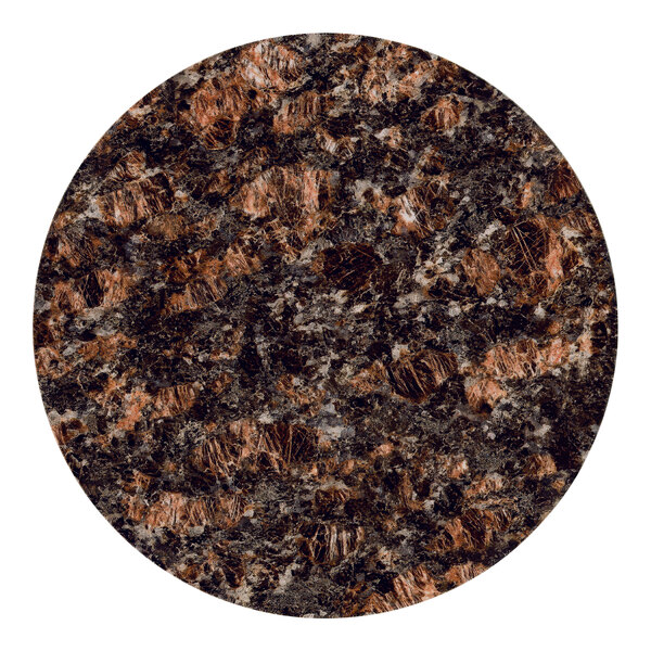 A close up of a round tan brown granite tabletop with black and brown speckles.