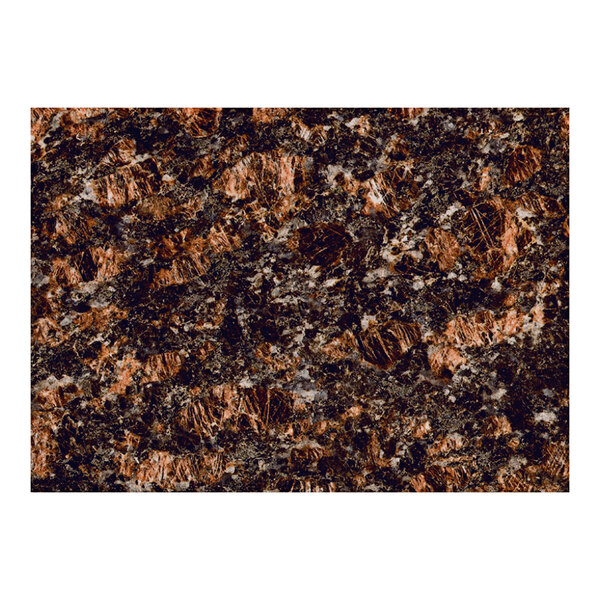 A close up of an Art Marble Furniture Tan Brown Granite Tabletop with black and brown spots.