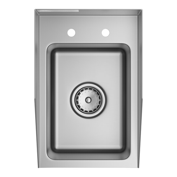 A stainless steel Advance Tabco drop-in sink bowl with a drain.