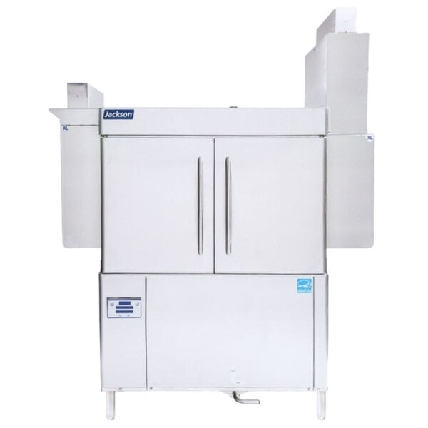 A white Jackson RackStar 44 conveyor dishwasher with two doors.