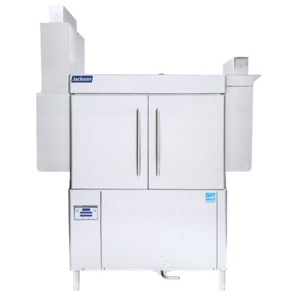 A white Jackson RackStar conveyor dishwasher with black accents.