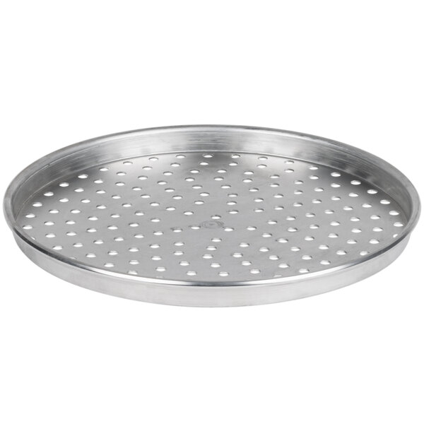 An American Metalcraft aluminum pizza pan with holes in the bottom.