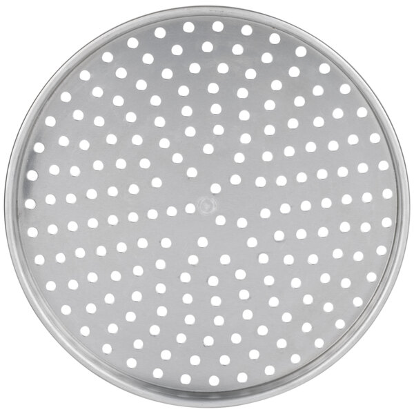 An American Metalcraft heavy weight aluminum perforated pizza pan with straight sides and a white background.
