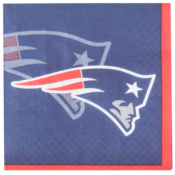A New England Patriots beverage napkin with the team logo on it.