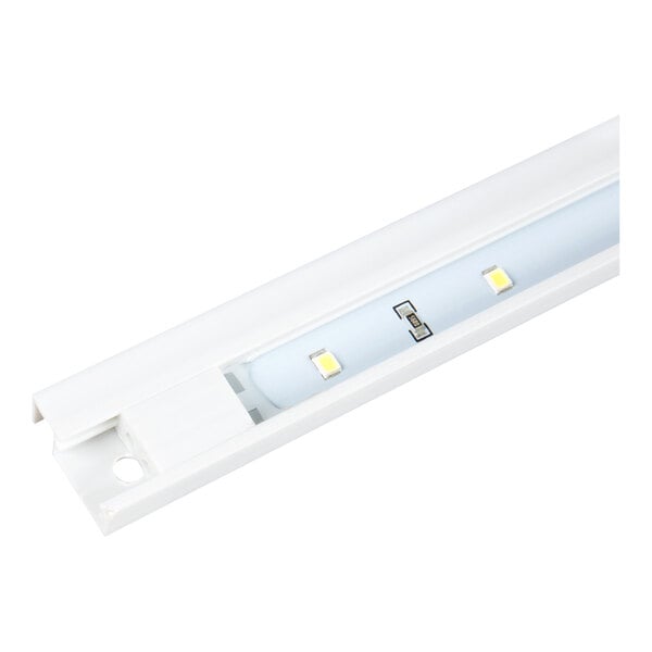 A close-up view of a white LED light strip with visible LED chips and a plastic casing.