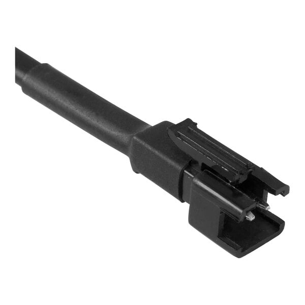A close-up view of a black cable with a rectangular plastic connector at the end.