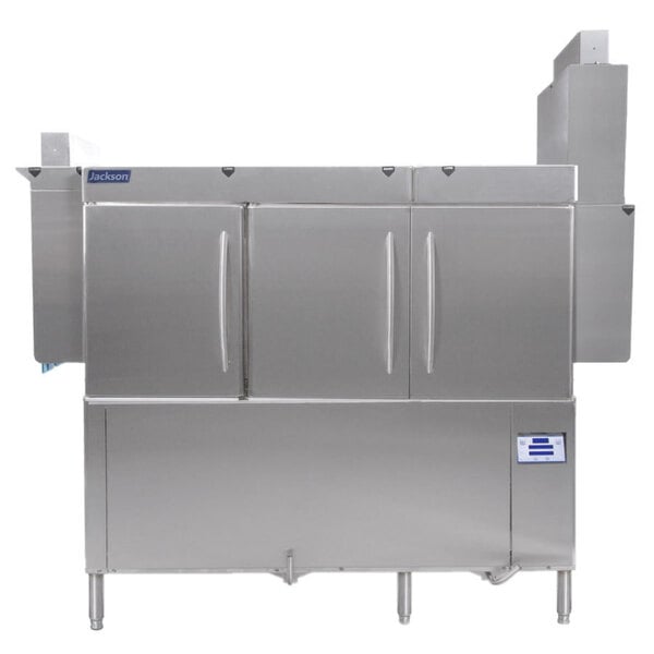 A Jackson RackStar stainless steel conveyor dishwasher.