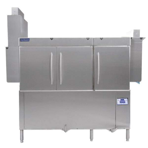 A Jackson RackStar stainless steel conveyor dishwasher with two doors.
