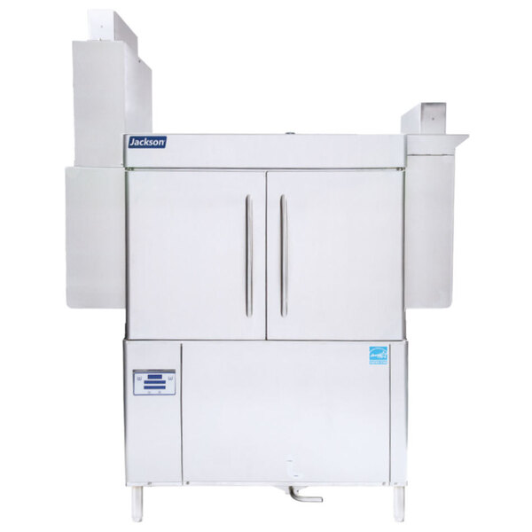 A white Jackson RackStar conveyor dishwasher with a black border and black handles.