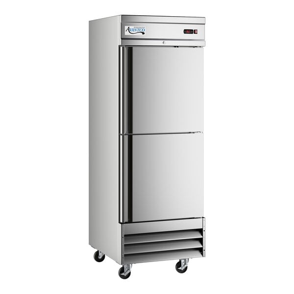 A stainless steel reach-in refrigerator with two solid half doors and caster wheels.
