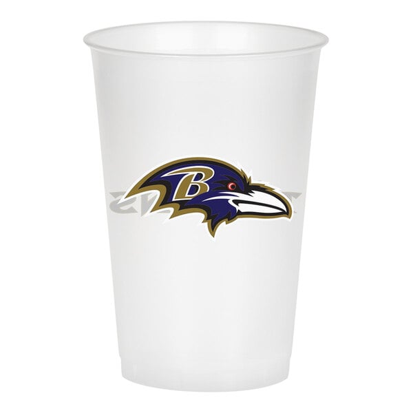 A white plastic cup featuring a stylized raven head logo with a 'B' on it.