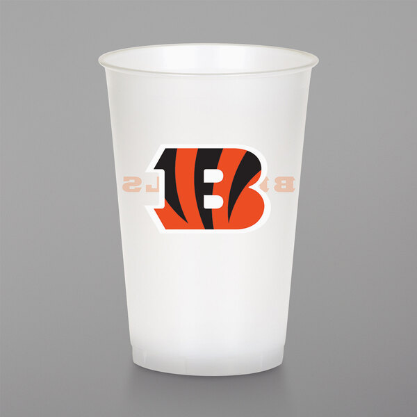 A Creative Converting plastic cup with the Cincinnati Bengals logo of a tiger.
