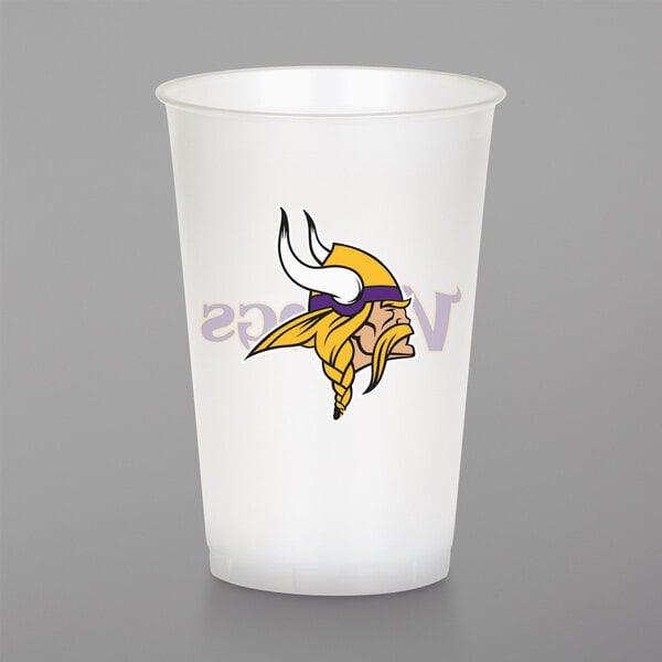 A white plastic Creative Converting cup with the Minnesota Vikings logo on it.