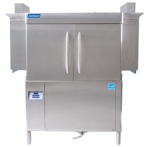 A Jackson RackStar conveyor dishwasher with two doors.