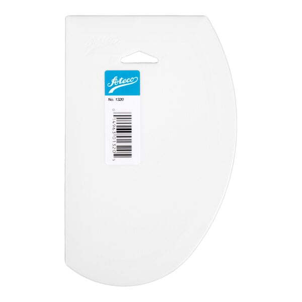 A white, flat, semi-circular plastic tool with a barcode label and a small cutout near the top edge.