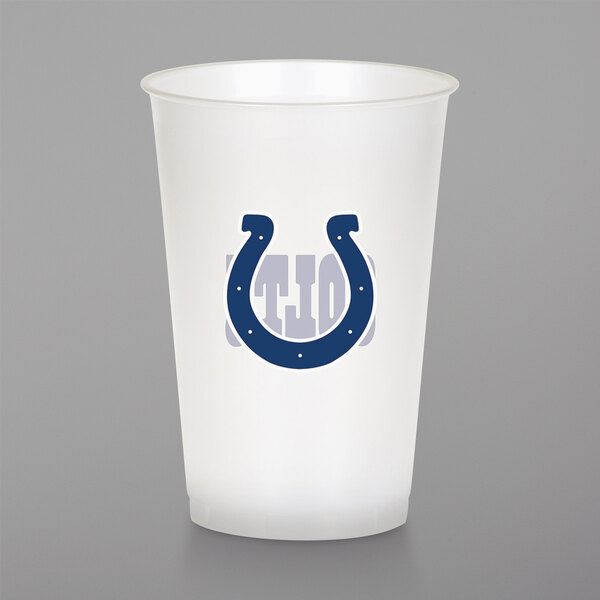 A white plastic cup with a blue horseshoe on it.
