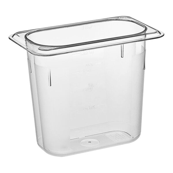 A clear plastic Cambro food pan with a lid.