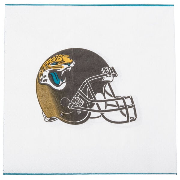 A white Creative Converting luncheon napkin with the Jacksonville Jaguars logo of a football helmet with a leopard face.
