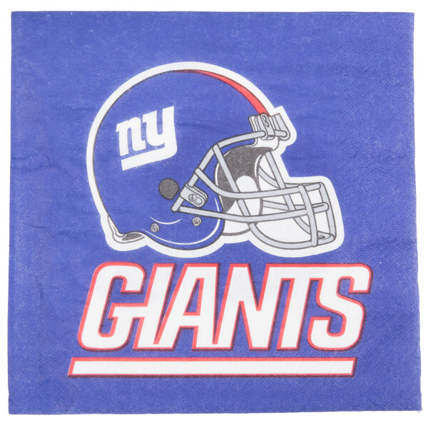 A Creative Converting New York Giants luncheon napkin with a football helmet on it.