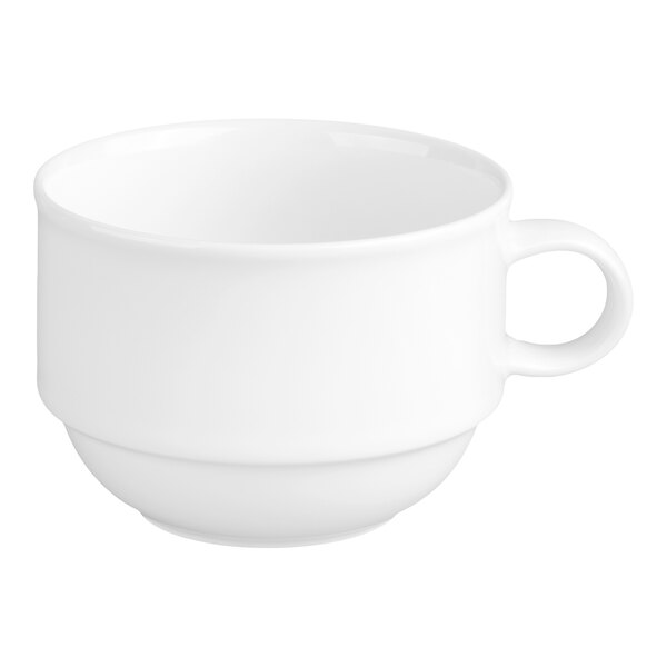 A plain white porcelain cup with a handle, featuring a simple and stackable design.