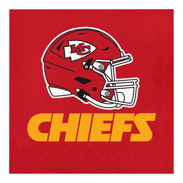 A red napkin with the Kansas City Chiefs football helmet in white.