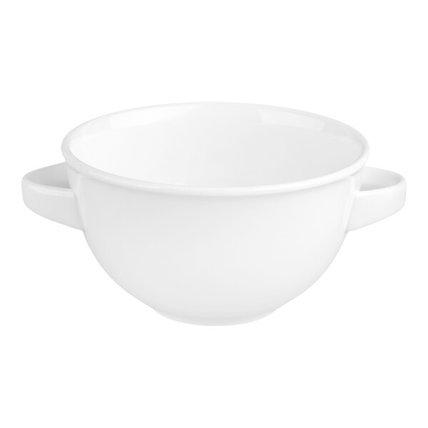 A white porcelain soup cup with two handles, shown against a plain background.