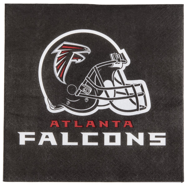 A black Creative Converting luncheon napkin with the Atlanta Falcons helmet logo in red and white.