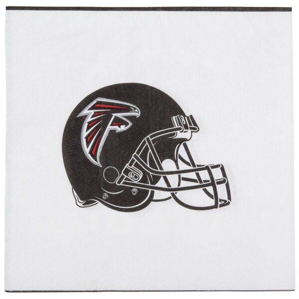 A white Creative Converting napkin with a black and white Atlanta Falcons football helmet on it.
